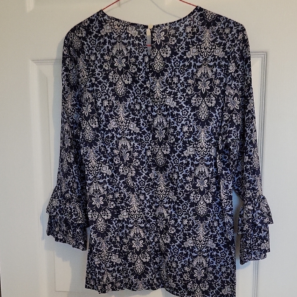 Jcrew Factory Peplum Blue and White Ruffled Blouse with 3/4 Sleeves